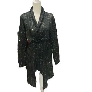 Shape FX Black Small Sequin Open Front Cardigan Sweater Loose Knit Waist tie OS